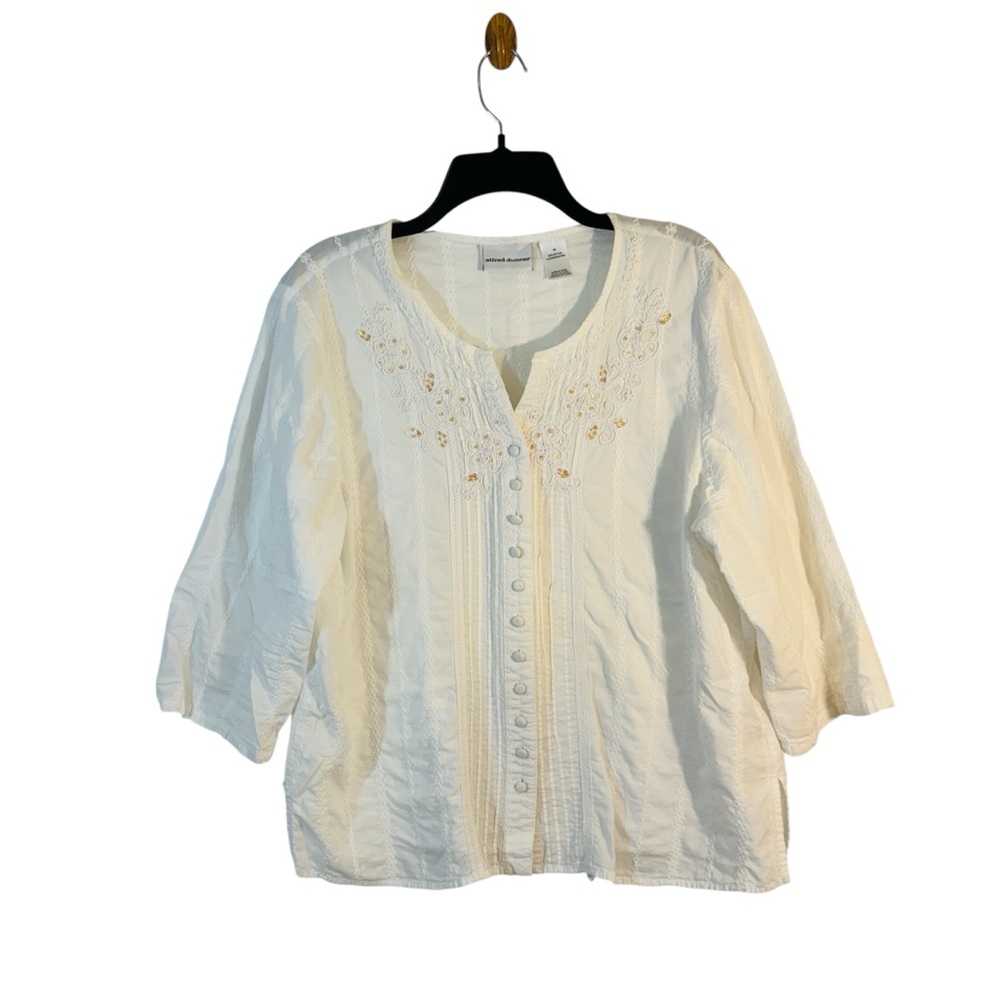 Alfred Dunner Sz 18 White Embroidered Blouse w/ Sequins 3/4 Sleeves 100% Cotton